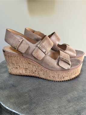 Donald Pliner ~ Metallic Leather Irine Cork Wedge Platform Sandal size 7.5